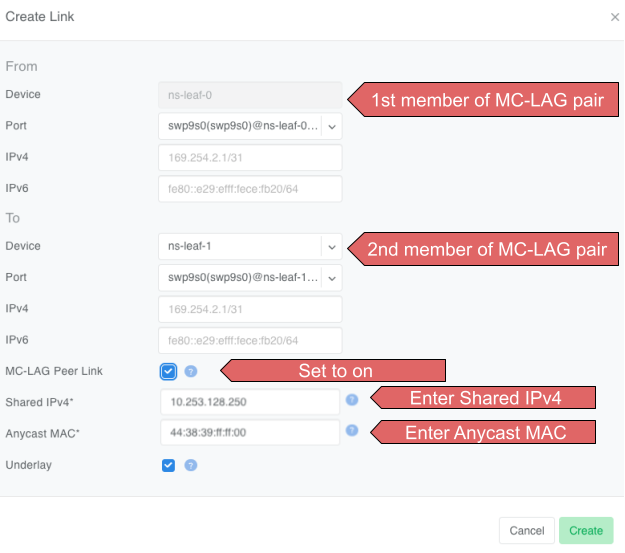 Create Link dialog with MC-LAG Peer Link checkbox set