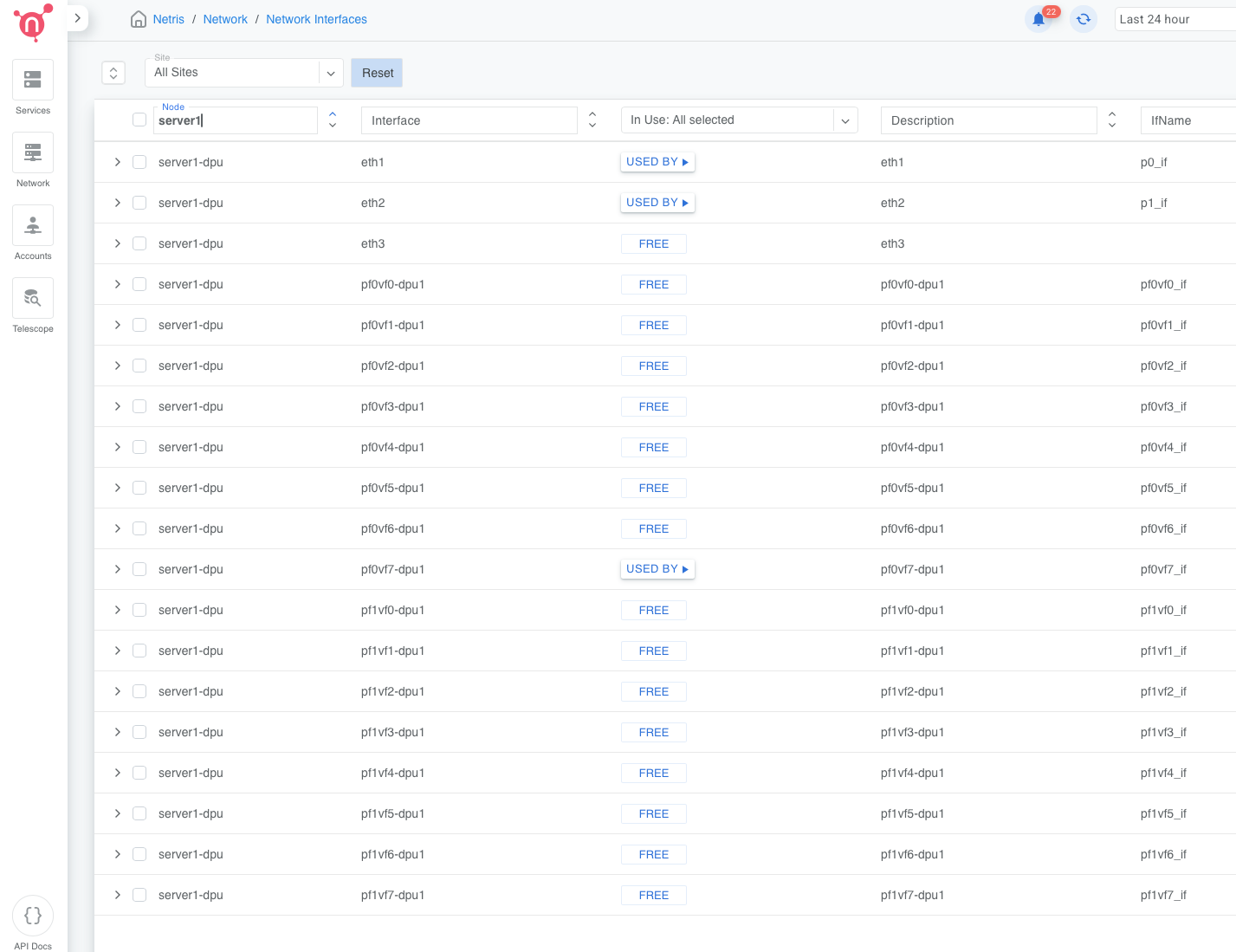 DPU interface list in Netris inventory