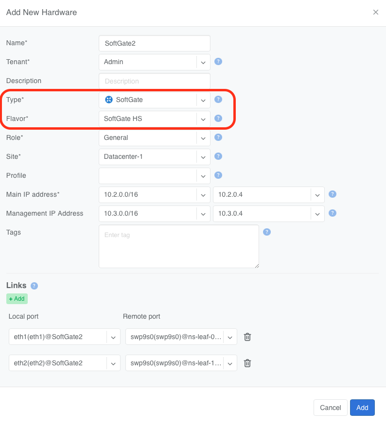 Figure 4. SoftGate node definition in Inventory