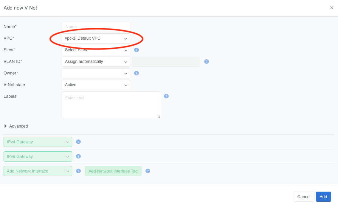 Add new V-Net dialog with the VPC field pre-selected to the Default VPC